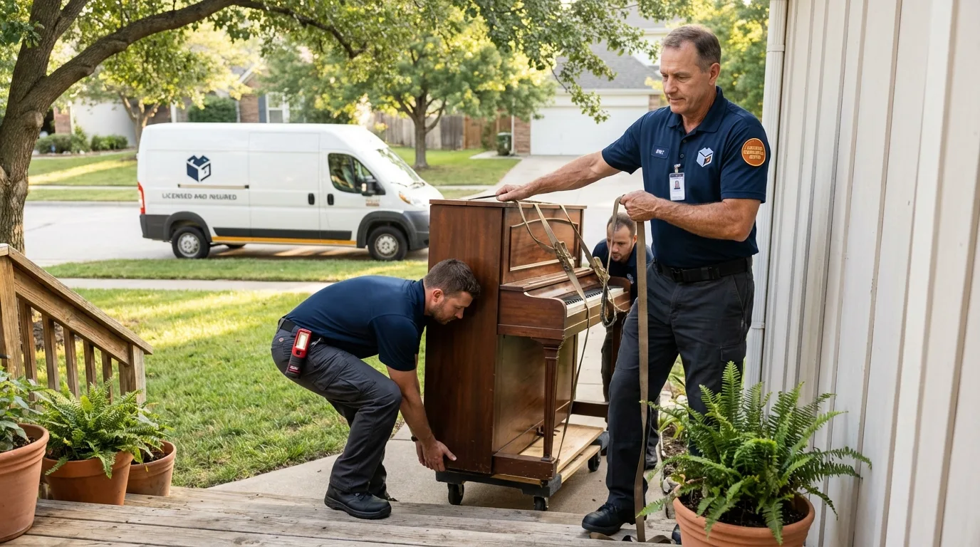 Licensed piano movers securing grand piano in Bude, MS