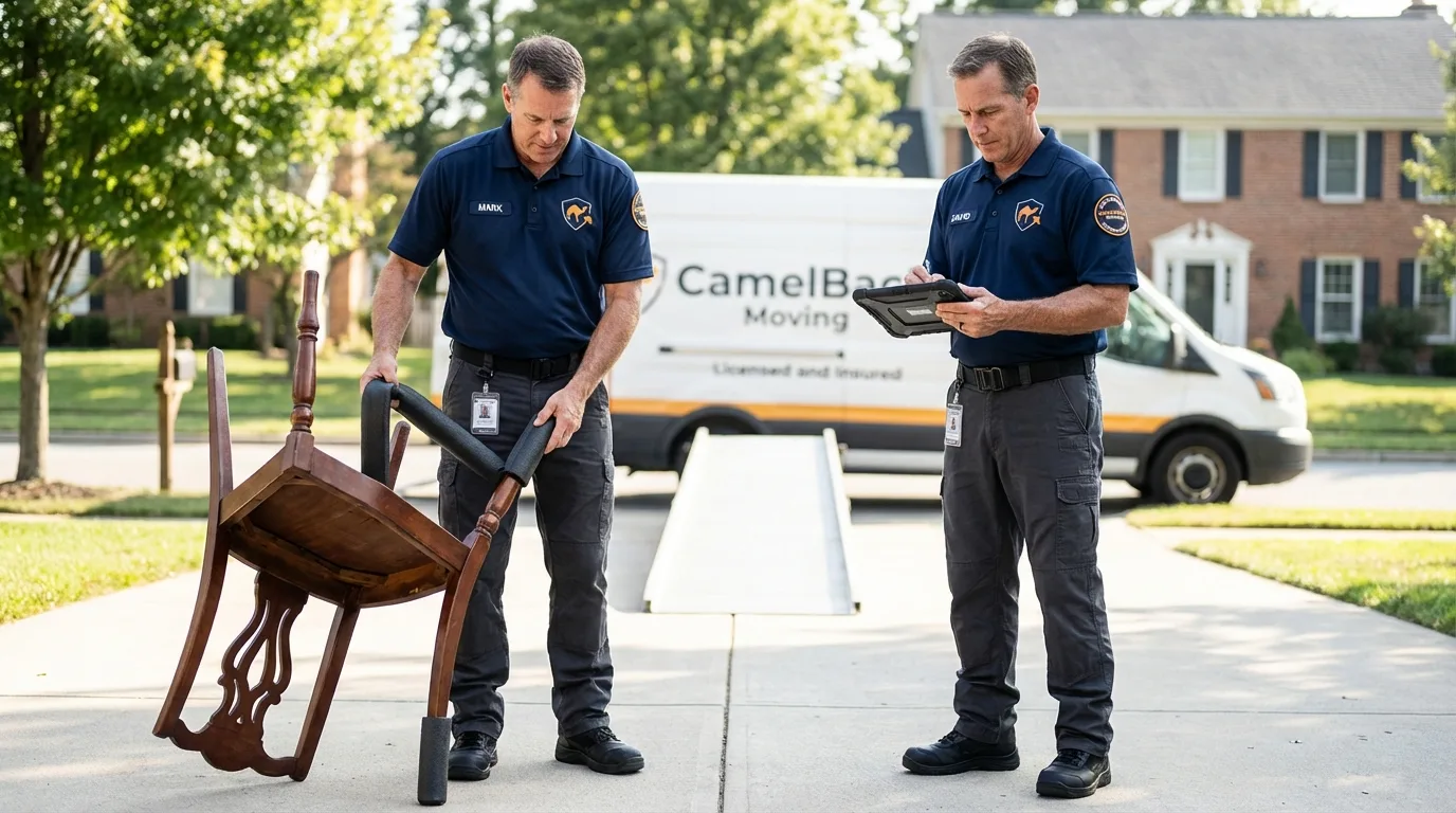 Movers inspecting furniture for damage prevention before loading in Bude, MS
