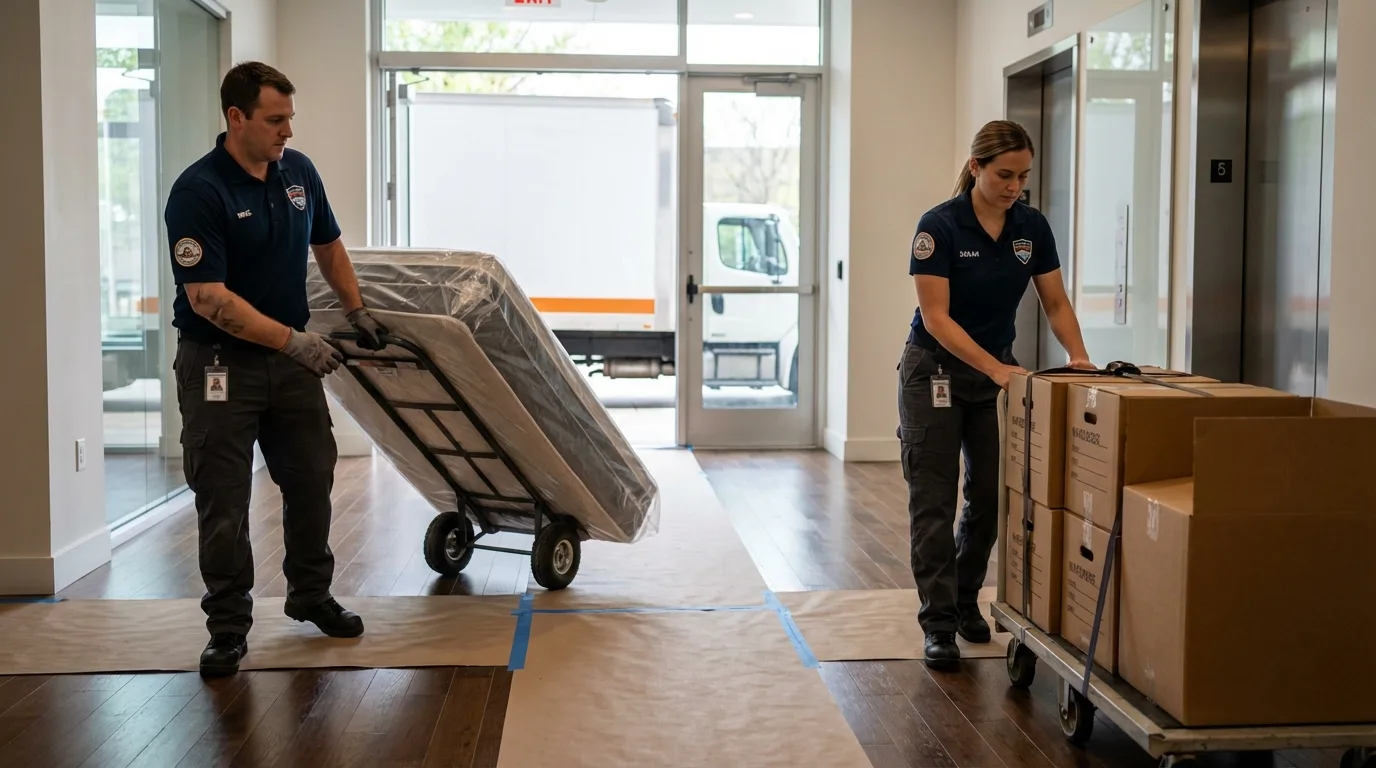 Professional apartment movers loading elevator in Bude, MS